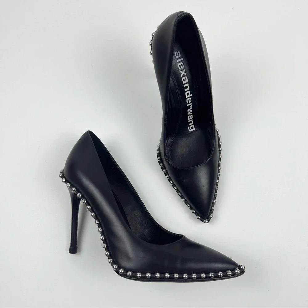 Alexander Wang Studded Black Pumps Pointed Toe Heel Leather Rie SZ 35 US 5 - Picture 3 of 13